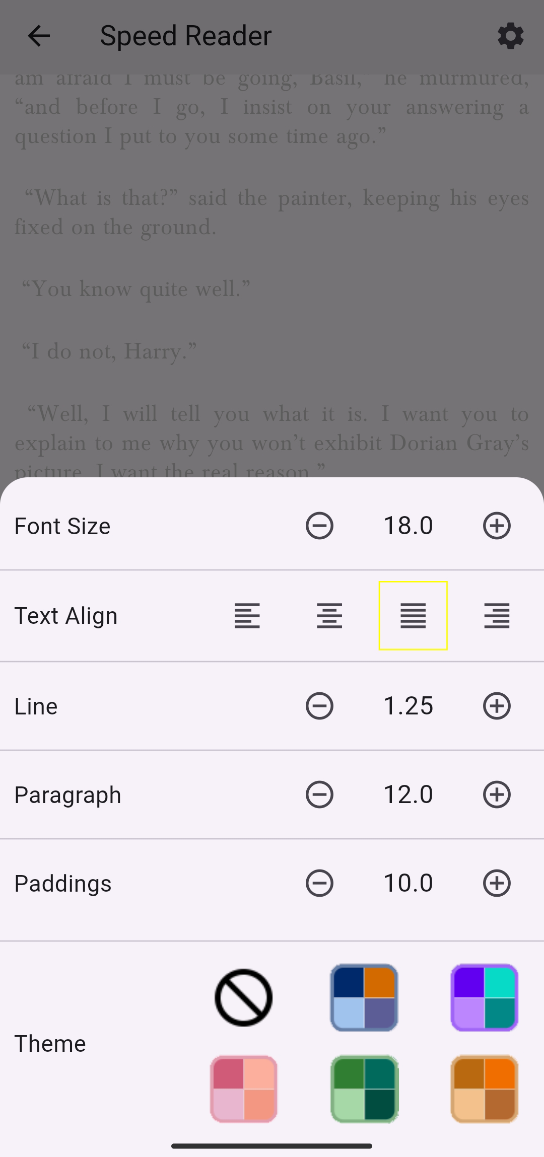 Speed reading — settings